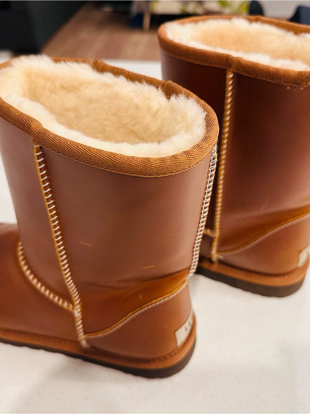 UGG Chestnut Leather Boots with Cream Stitching
